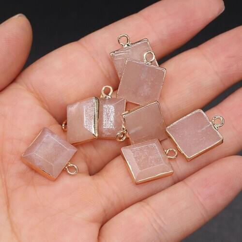 Natural stone Square shape Pink crystal Semi-precious Pendant Charms For jewelry making DIY necklace earring accessories