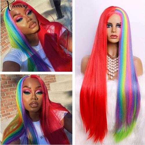XUMOO Cosplay Rainbow Long Bone Staight Synthetic Wig Full Machine Made High Temperature Fiber Synthetic Wigs For Black Women