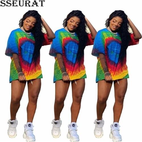 SSEURAT New Women Tie Dyed Print O-neck Short Sleeve Tee Top Fashion Casual T-shirts Summer