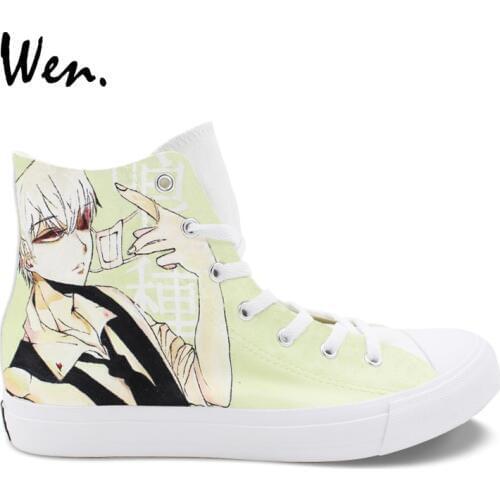 Wen Anime Design Hand Painted Canvas Shoes Tokyo Ghouls White High Top Sneakers Skateboard Unisex Athletic Laced Shoes