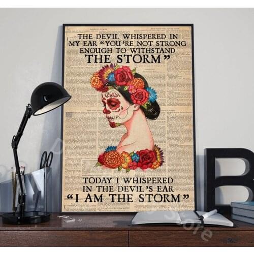 Vintage Sugar Skull Poster Flower Girl Canvas Painting Posters and Prints Wall Art Pictures for Home Living Room Decor