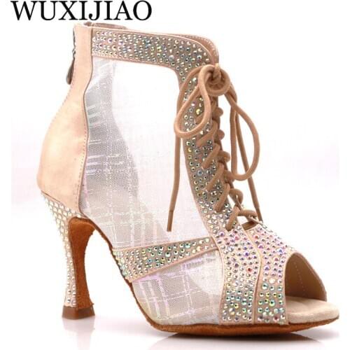 WUXIJIAO brand Latin dance high boots shoes soft sole shoes salsa ballroom ladies mesh dance shoes Cuba high heels