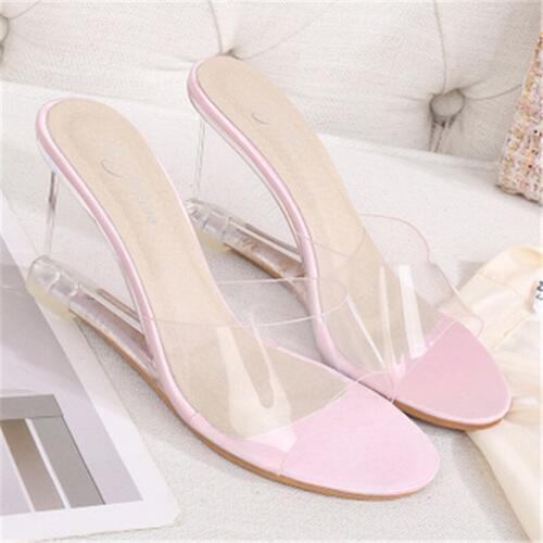 8cm High heel female summer new fund, summer female shoe one word buckle simple wedge heel sandal, transparent slipper