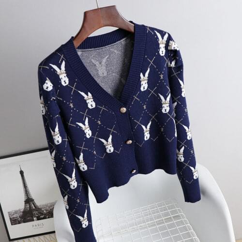 AZYT Spring Autumn New Argyle Short Cardigan Female 2021 Korean Loose Rabbit Cartoons Print Sweater Casual V Neck Cardigan Women