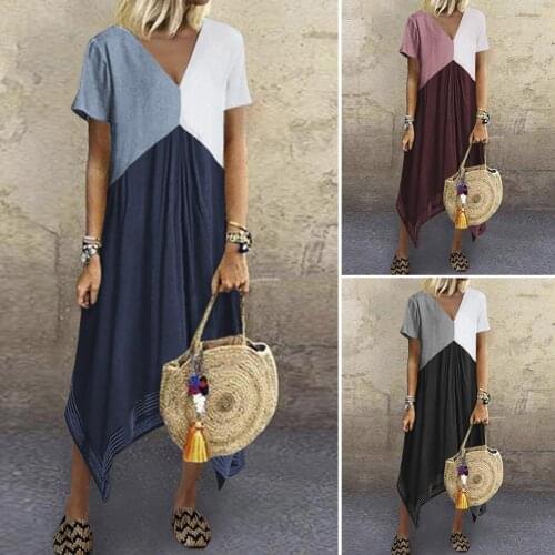 Elegant Women Dresses 2021 Summer Long Sundress Ladies Casual Women Short Sleeve V Neck Geometric Patchwork Irregular Hem Dress