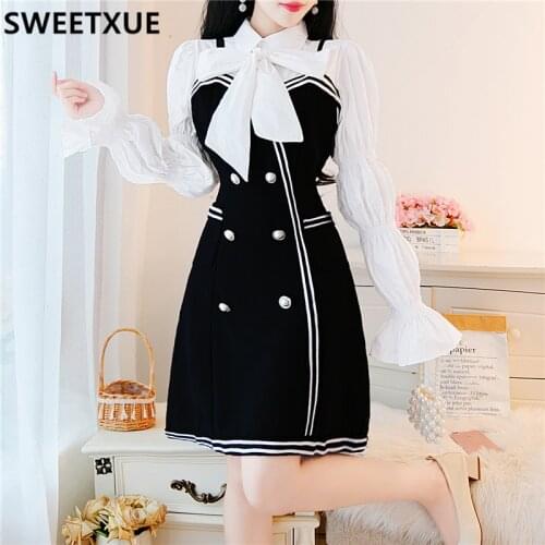 SWEETXUE Sweet Lovely Puff Sleeve Bow Shirt Stitching Fashion Elegant OL Dress Womens Black White Double Breasted Ladies Dress