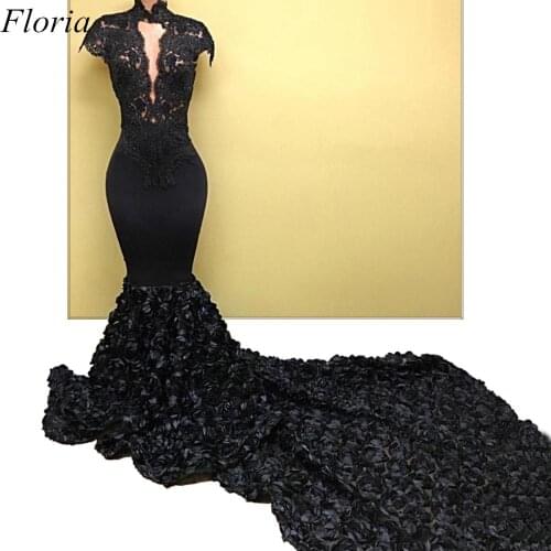 New Formal Black Lace Prom Dresses 2019 Mermaid V-Neck Sexy Evening Prom Party Gowns With 3D Rose Court Train robe de soiree