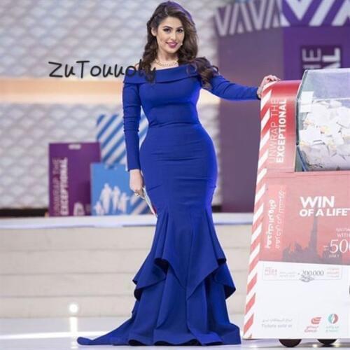Vestidos de fiesta de noche Royal Blue Arabic Mermaid Evening Dresses Long Sleeve Fishtail Tight largos robe de soiree longue