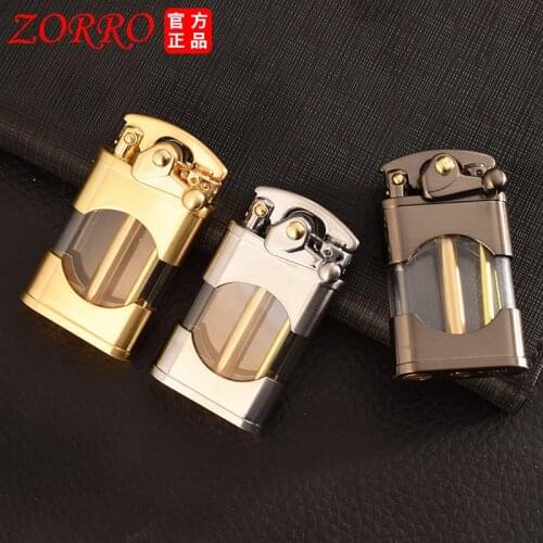 ZORRO NEW Unusual Grinding Wheel Metal Kerosene Lighter Cigarette Cigar Lighter Gas Visible Smoking Accessories Gadgets For Men