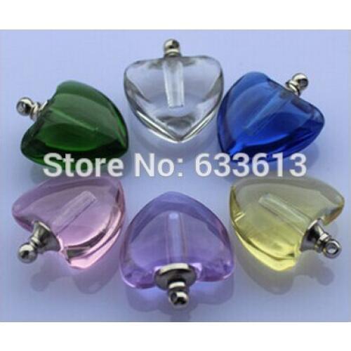 100pcs/lot Dazzle colour heart-shaped glutinous rice glass vials pendant oil pendant SCREW CAP Closer Hearts Crystal Perfume