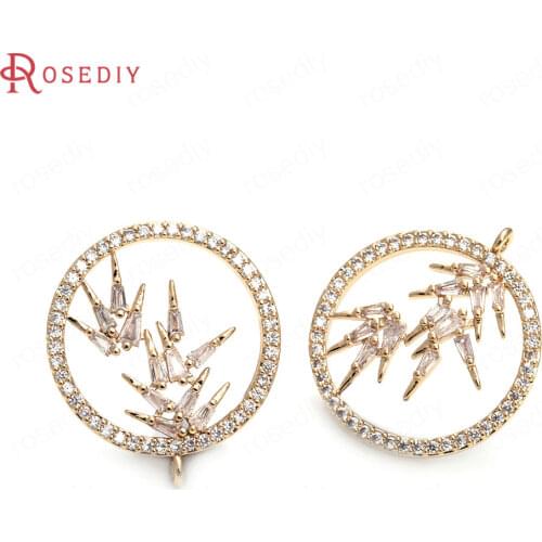 39883)4PCS 22x25MM 24K Champagne Gold Color Brass and Zircon Round Bamboo Charms Pendants Jewelry Making Supplies Diy Findings