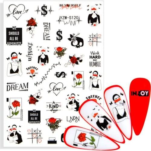 3D Red Rose Nail Stickers Women Face Sketch Abstract Butterfly Image Sexy Girl Nail Art Decor Sliders Manicure Sticker for Nails