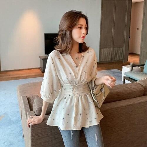 #4085 Black Apricot Sexy Blouse Women Deep V Neck Print Short Sleeves Tops For Women Elastic Waist Tunic Short Tops Korean Style