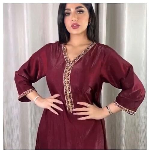 Abaya Dashiki Muslim Long Sleeve Maxi Dress for Women Fall 2021 New Dubai Abaya Fashion Diamond Ribbon V Neck Muslim Arabic Robe