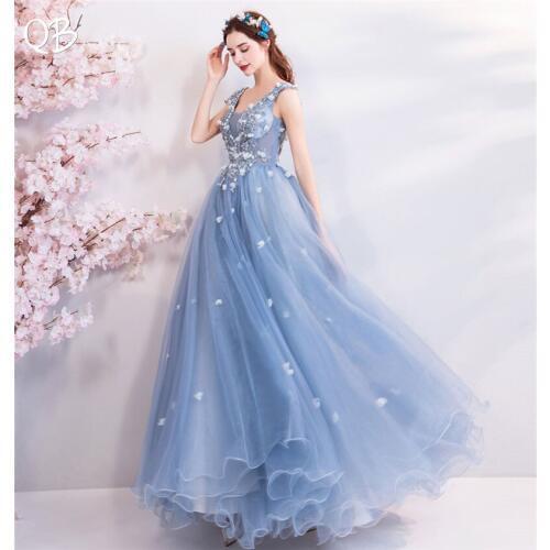 Ball Gown Tulle Lace Flowers Appliques Long Formal Elegant Blue Evening Dresses 2020 New Fashion Bride Party Prom Dress XK180
