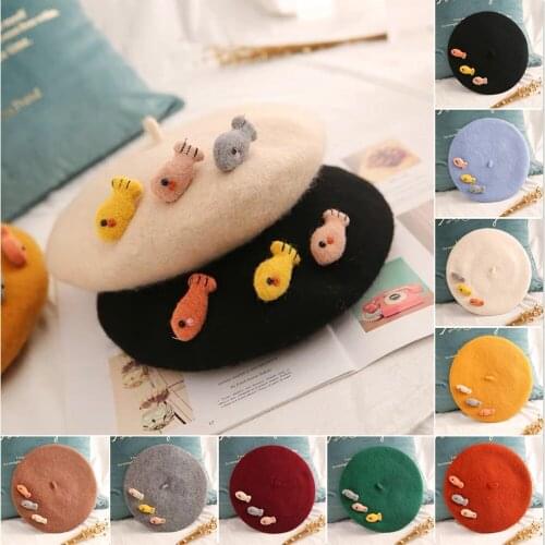 Beret hat women bonnets Cute Vintage college wind sailor black woolen little fish Beanie hat Retro sweet painter hat wholesale