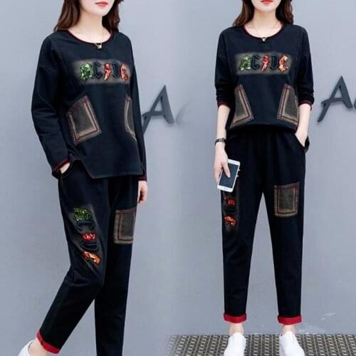 Pants Suit Autumn New Elastic Cotton Suit Sequin Embroidery Casual Loose Long-sleeved Two-piece Woman
