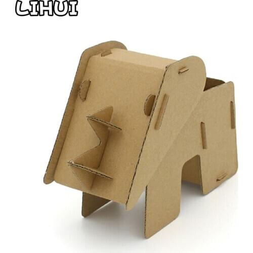 DIY Cardboard 3D Puzzle Jigsaw Handmade Assembly Rhino Pen Holder Desktop Storage Box Model Kids Puzzle Toys for Children Gifts