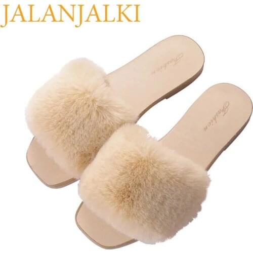 JALANJALKI Women Slippers Warm Faux Fur Street Style Women Shoes Short Plush Outdoor Non-slip Femal Sandals Soft Basic Slides