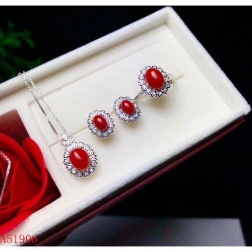 925 sterling silver inlaid natural red coral gemstone female ring necklace pendant earrings set support detection new exaggerate