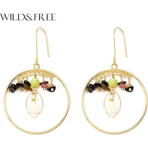 Trendy Multicolor Tourmaline Stone Earrings Jewelry For Women Delicate Gold Color Big Round Statement Pendant Drop Earrings 2017