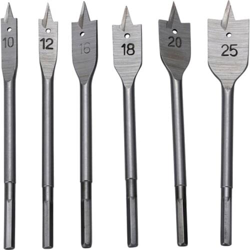 6pcs Wood Flat Drill Sets 10mm 12mm 16mm 18mm 20mm 25mm Paddle Flat Wood Boring Center Drill Bit Set Power Tool With Hex Shank