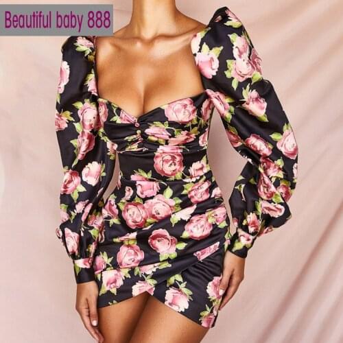 2020 New Puff sleeve satin floral print black dress Bohemian elegant short bodycon dress Women autumn winter sexy dress vestido