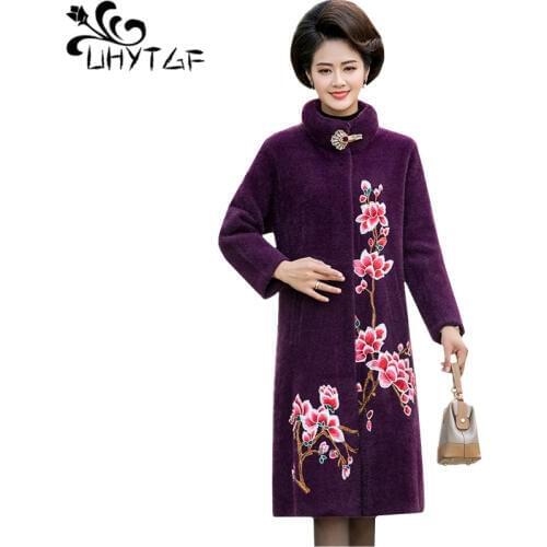 UHYTGF coat female Quality mink cashmere autumn winter wool jacket fashion embroidered thick warm 5XL plus size outerwear 1146