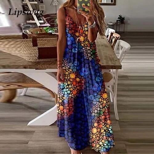 Sexy Sling V-Neck Print Party Boho Dress Casual Loose Sleeveless Beach Long Dress Summer Women Vintage Pattern Maxi Dresses 3XL