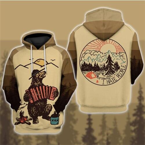 3D Hoodie Casual Hooded Brown Camp Camping Bear Beer Print Fashion Sweatshirt