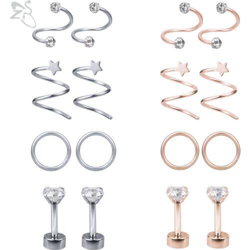 ZS 8 Pcs/lot Trendy Stainless Steel Earring Crystal Stud Earrings Helix Cartilage Ear Piercing For Women Girls Boucle D'oreille