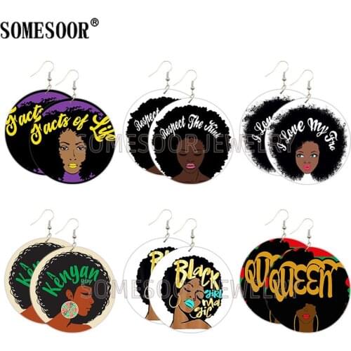 SOMESOOR Black Girl Queen Magic Printed Wooden Drop Earrings Afro Natural Curls Designs Loops Dangle Jewelry For Women Gifts