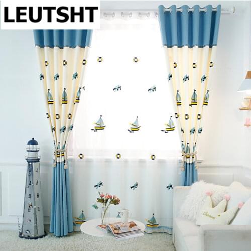 Cartoon Sailing Vessel Curtains for Kids Living Room Splice Design Semi-Shade Curtains Sailboat Embroidery Tulle for Boys