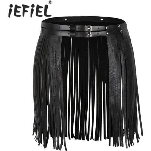 IEFiEL Women Faux Leather Waistband Fringe Tassel Skirt Double Waist Belt Sexy Night Clubwear Halloween Party Costumes Skirts