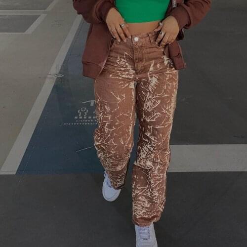 Summer pattern print street loose straight leg pants women 2021 popular fashion y2k washed brown retro high waist jeans women