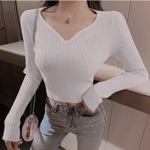 Shintimes Women Casual Long Sleeve Pullovers Crop Tops Knitted Sweater Woman Sexy V Neck Solid Basic Sweaters 2021 Spring Autumn