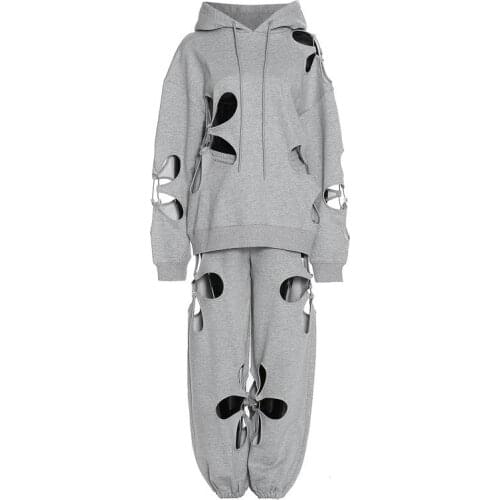 Hollow Petal Cutout Design Chic Women Clothes Hooded Loose Gray Loose Top Casual Sports Elastic Waist Pant Set Buy Separately