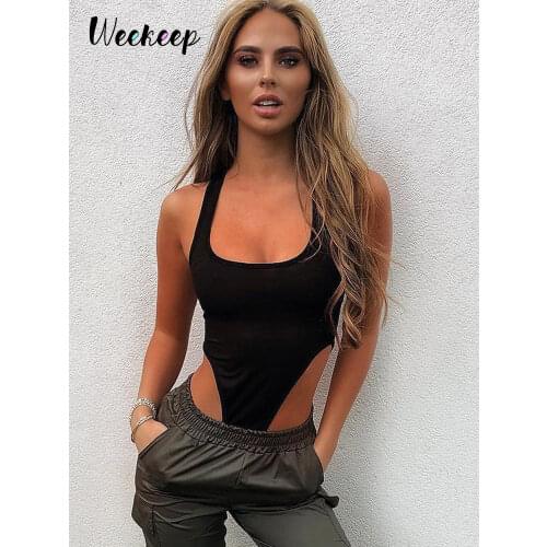 Weekeep Sexy Bodycon Solid High Waist Bodysuit Women Summer Open Crotch Sleeveless Romper 2019