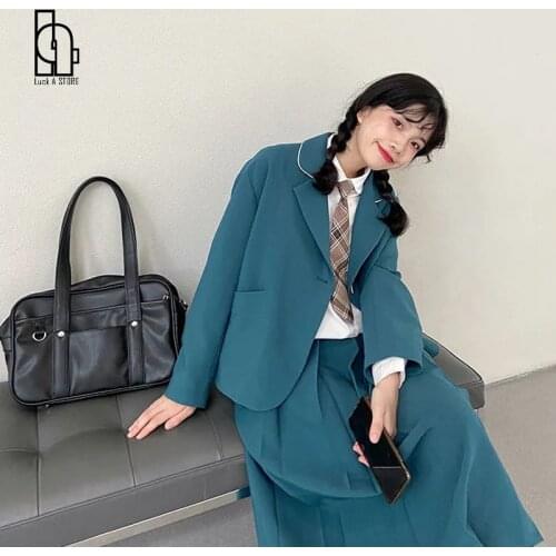 Luck A Autumn Women Elegant Blue Notched Blazer+Pleated Skirt Set Lady Long Skirts Single Botton Blazer Preppy Style 2pc Set