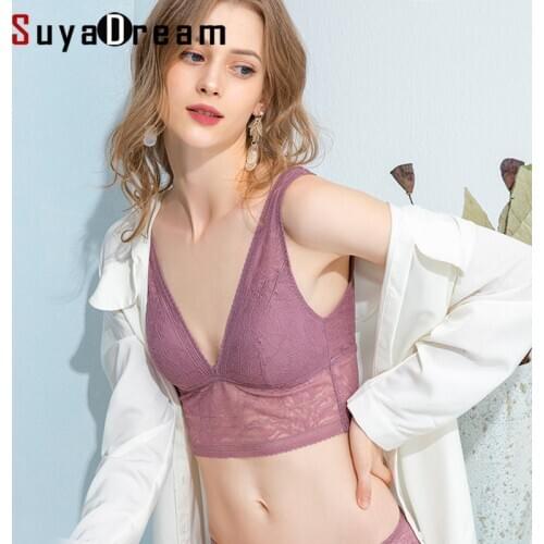 SuyaDream Women 3/4 Cups Lace Bras 100%Silk Lining Wire Free Thin Padding French Style Bra 2020 Black Nude Intimates