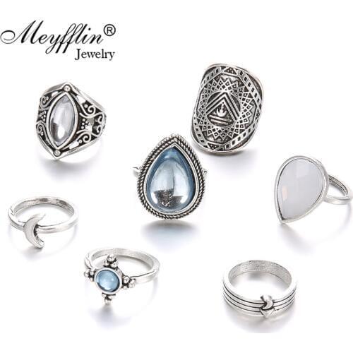 Meyfflin Bague Femme Bohemia Rings for Women Vintage Crystal Midi Finger Knuckle Ring Set Boho Jewelry Punk Silver Color Anel