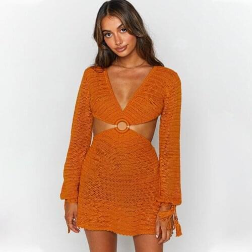 2021 Knit Stripe Long Sleeve Dress Beach Backless Summer Hollow Out Women V Neck Sexy Party Mini Dresses Casual White