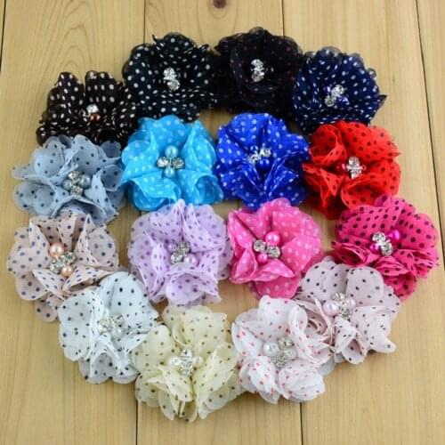 10PCS 2" 16colors Hair Clips Dot Chiffon Flower+Rhinestones Pearls For Kids Hair Accessories Fabric Flowers For Headbands
