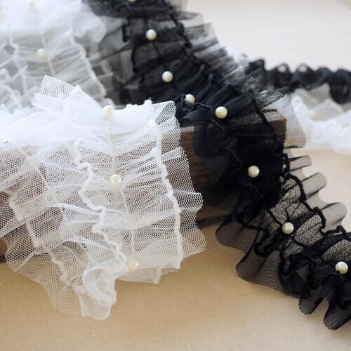 2Meters/Lot White Black Pleated Mesh Beaded Lace Doll Skirt Cuff Edging Collar Applique Wedding Dresses Hem Decor Ribbon Trim
