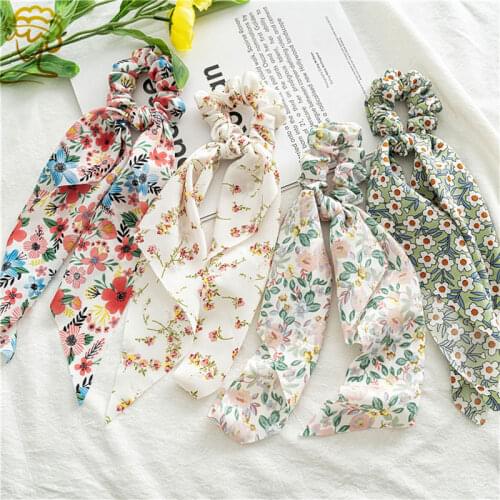 2021 New Floral Diamond Hair Ties Ponytail Streamer Chiffon Floral Hair Scrunchies Womens Fabric Hair Tie Hair Accessories