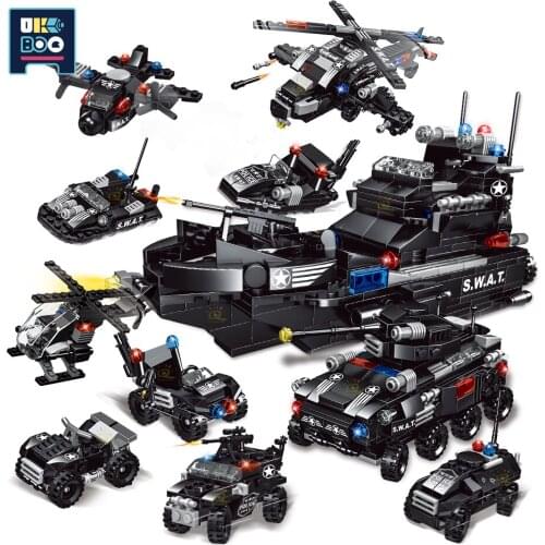 597PCS 8IN1 Explosion-Proof SWAT Team Building Blocks Police City Truck Vehicle Weapon Figures Bricks Toys for Children Boys