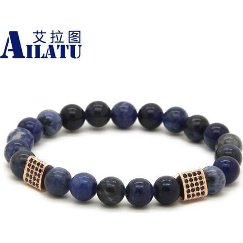 Ailatu 8mm Blue Veins Stone with Triangle Cubic Zirconia Menss Energy CZ Bracelet Party Gift