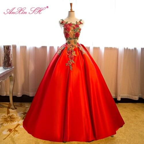 AXJFU princess red flower lace evening Dress vintage party o neck beading embroidery illusion bride performance evening dress