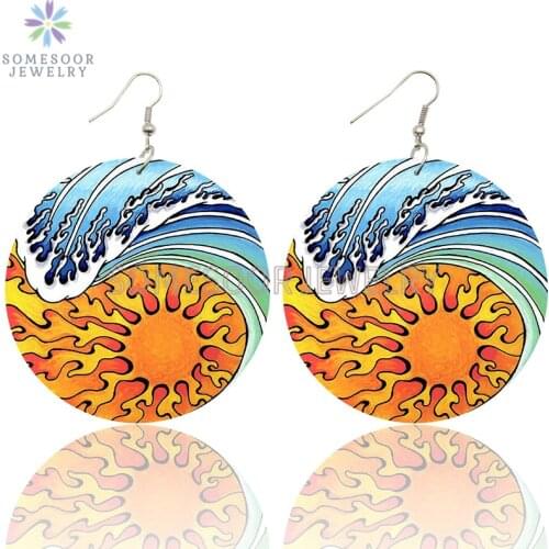 SOMESOOR Bohemian Sun Artistic Printed Wooden Drop Earrings Fabric Headwrap Design Pattern Pendant Dangle Jewelry For Women Gift
