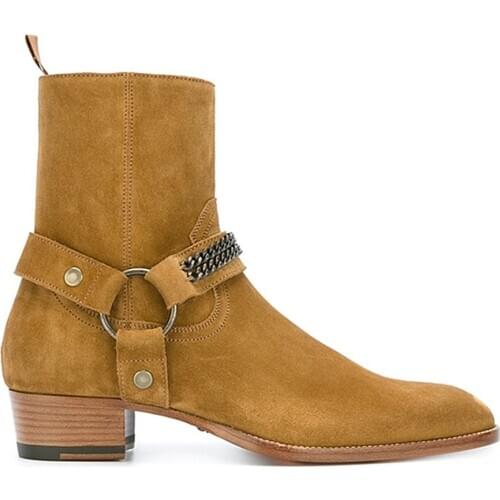 Mens Real Leather Chelsea Pointed Toe Ankle Riding Boots Chelsea Shoes Chunky Heel Cuban Western Plus Size 38-46 6Colors